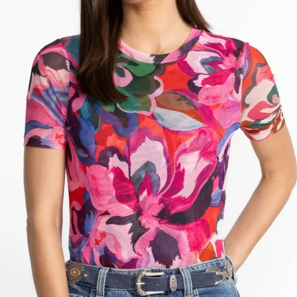 NWT Johnny Was Eleanor Crewneck Short Sleeve Floral- Print Mesh Tee Size Small - Picture 3 of 13